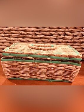 Vintage—Wicker Sewing Basket, Wood Bottom w/ Satiny Fabric Inside, Marked Japan
